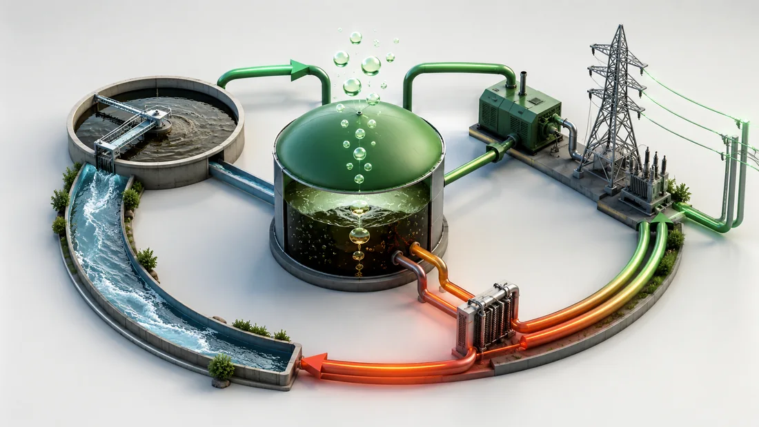Schematic cycle of wastewater treatment, digestion, gas utilization, heat and power