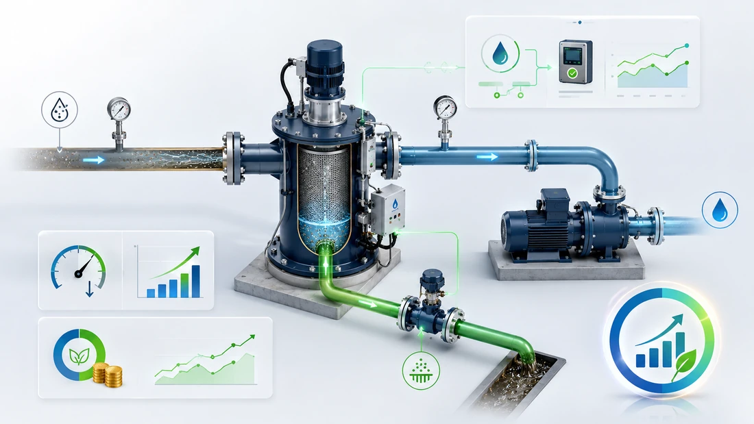 Schematic representation of a backwash filter with pump, measuring points and economic KPIs